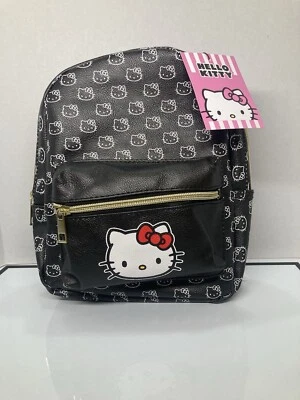 Mini Mochila Sanrio Hello Kitty Negra Imitación Cuero Patrón Blanco Rojo Lazo Niñas Foto 1 de 4