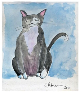 Gray Cat 2011 by C Peterson * Art Print from original Watercolor painting * NEW - Picture 1 of 13