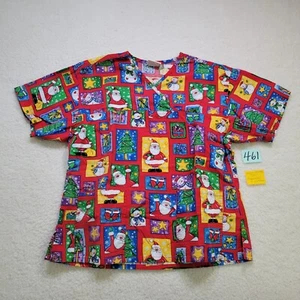 Christmas Scrub Top Women's Snowmen Santa Holiday Snowman Winter Pre-owned READ - Picture 1 of 14