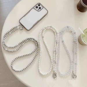 120cm Pearl Phone Lanyard With Transparent Card Messenger Bag Chain Wallet - Photo 1 sur 10