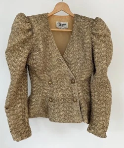 Vintage Gold Metallic Blazer Womens Large 10 Puff Sleeve Structured Jacket - Picture 1 of 12