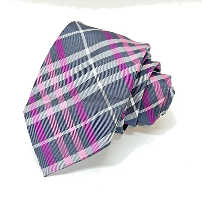 Express Men's Neck Tie - 100% Silk Gray Pink White Plaid - Image 1 of 4