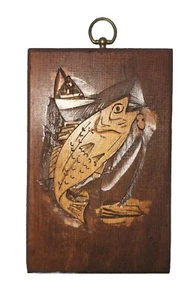 Vtg Wood Carved Fish Bass Trout Jumping In Water Artist Signed Wall Plaque Sign - Picture 1 of 8