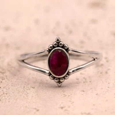 925 Sterling Silver Ladies Minimalist Ring Oval Red Ruby Gemstone Jewellery - Image 1 of 4