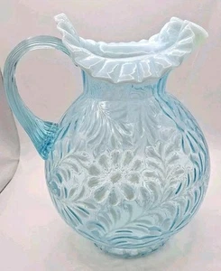 Antique FENTON - L.G. Wright Large Daisy & Fern Ruffled Blue Opalescent Pitcher - Picture 1 of 13