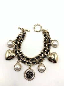 Guess Black Ribbon Gold Tone Faux Pearl Heart Charm Bracelet 7” Toggle - Picture 1 of 9