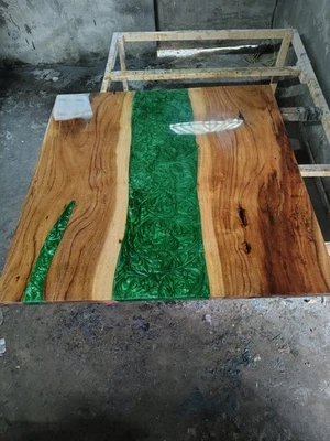 size 24x15" Live Edge Wood & Emerald Green Epoxy Resin River Dining Table Top - Image 1 of 3