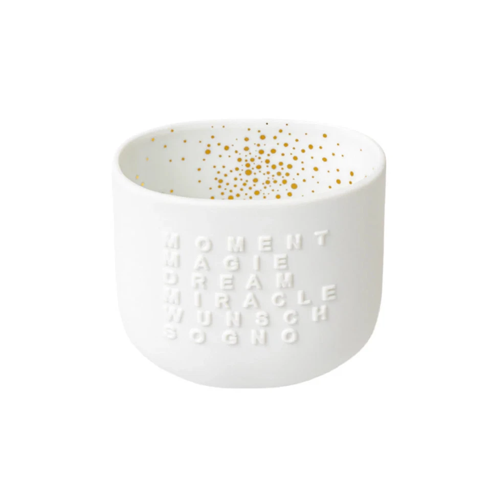 Teelichthalter aus Porzellan goldene Punkte "Moment, Magie, Dream" von räder de - Bild 1 von 1
