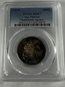1975 San Marino 500 Lire Silver! Gem BU! Beautiful Toning! - PCGS MS67 - Picture 1 of 6