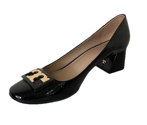 Tory Burch Black Gigi Block Block Heel Patent Leather Gold Logo Sz 8.5 Preppy - Picture 1 of 19