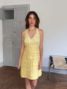 Abito da cocktail vintage Luisa Spagnoli in seta – giallo limone ricamato floreale body - Foto 1 di 10