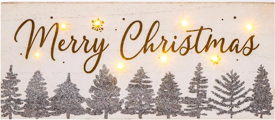 Merry Christmas Decor LED Lighted Shiny Christmas Tree Block Farmhouse