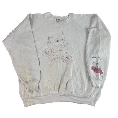Vintage 80s 90s Fruit of The Loom Sweatshirt Cat Flowers Kentucky White Faded XL - Image 1 of 4