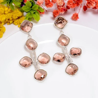 Pendientes étnicos hechos a mano de plata de ley 925 con piedras preciosas de turmalina rosa 2,3" K049 Foto 1 de 4