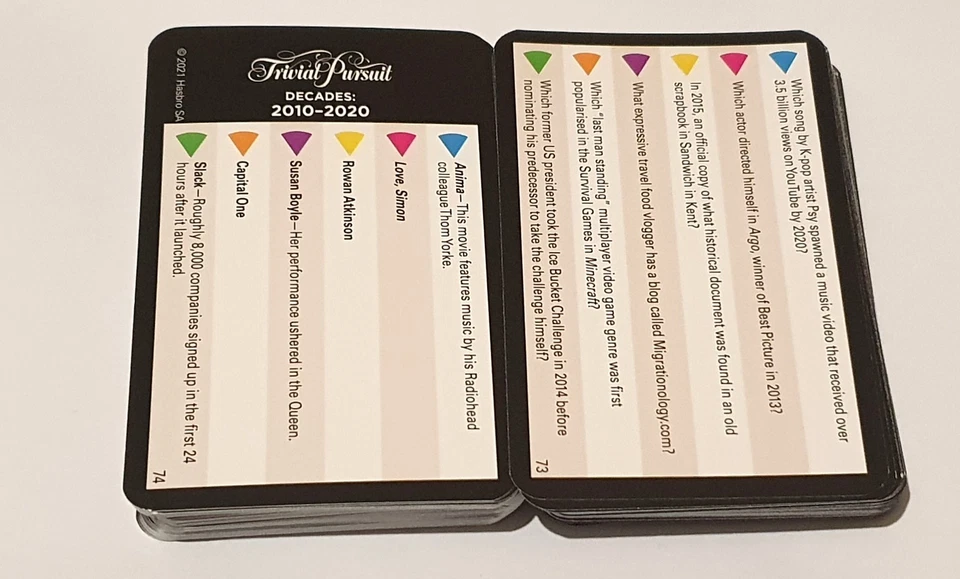 100 CARDS TRIVIAL PURSUIT DECADES 2010-2020  600 QUESTIONS - Image 1 of 1