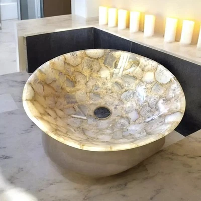 Fregadero de cocina redondo de ágata blanca de 15" lavabo de lujo para una decoración elegante Foto 1 de 4