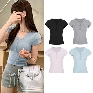 Short Sleeve Retro T Shirt for Women with V Neck and Slim Fit Casual Look - Picture 1 of 35