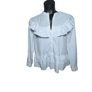 Madewell Karen Walker 3X Blue White Striped Flutter Ruffle Button Up Long Sleeve - Picture 1 of 11