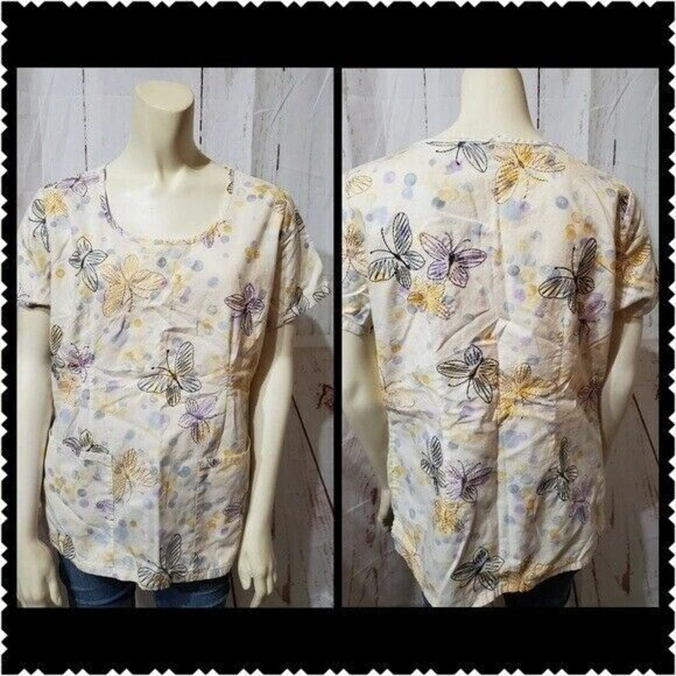 Cherokee Scrub Top Womens Medium Butterfly Print Short Sleeve Medical Wear - Image 1 of 4