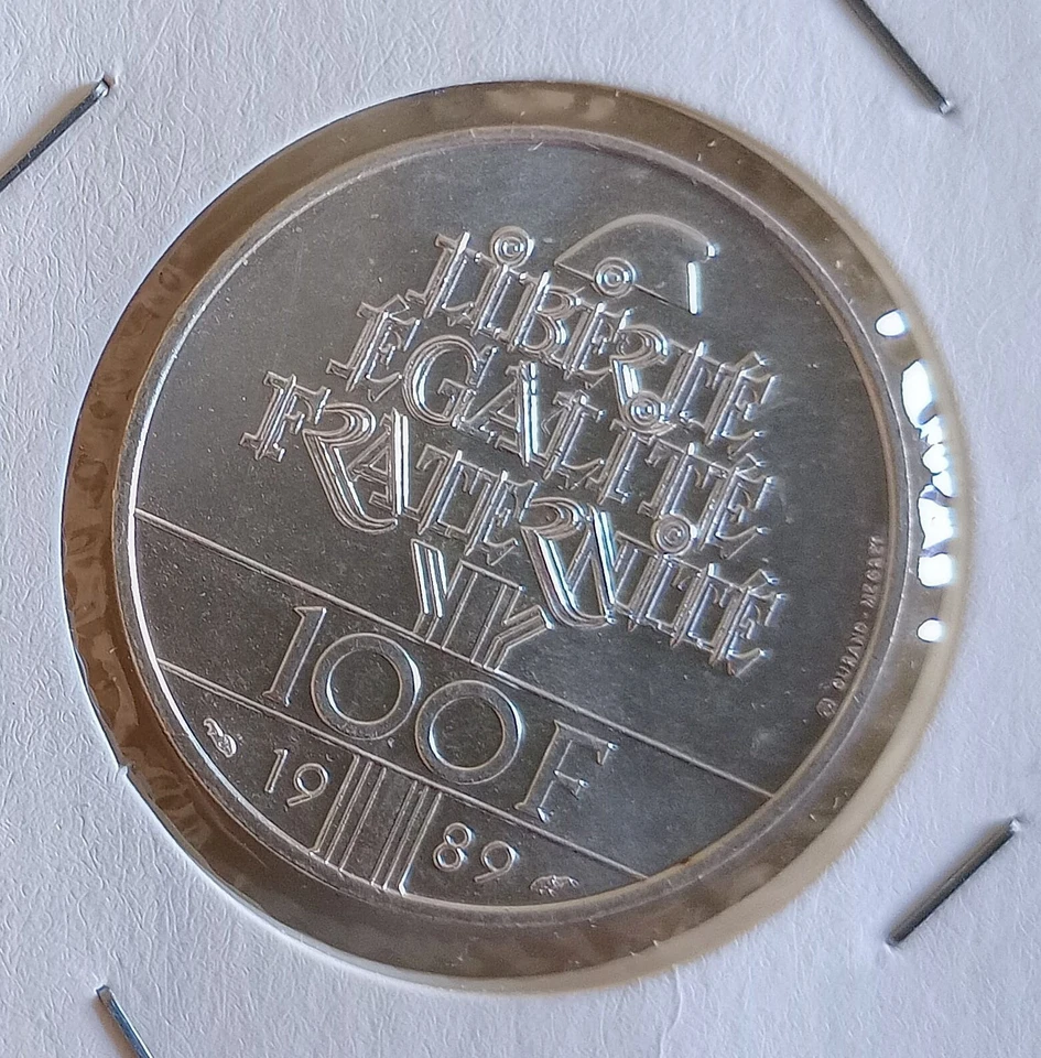 FRANCIA 100 FRANCHI  200° ANNIVERSARIO DICHIARAZIONE DIRITTI UMANI ARGENTO - Immagine 1 di 2