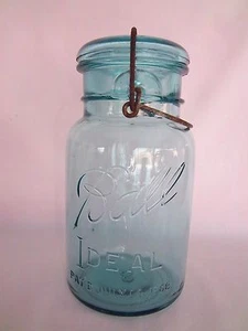 Ball Ideal Quart Jar Blue Glass Top Bottle With Metal Strap #8 Pat. July 1908 - Picture 1 of 6