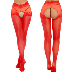 Women's Oil Silk Sheer Pantyhose Hollow Out Suspender Thigh High Stockings