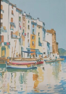 Presso Positano, Serigrafia di Aldo Riso, cm.30x21 firmata dall'artista - Immagine 1 di 4