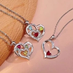 Personalized Heart Necklace with 2-6 Simulated Birthstone For Women Mom Birthday - Picture 1 of 12