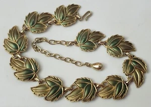 Vintage grün Emaille Blatt Blätter & goldfarben Halsband Halskette & Clip auf Ohrringe - Bild 1 von 5