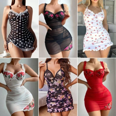 Mujeres Sexy Lencería Encaje Transparente Babydoll Vestido Ajustado Prendas para dormir Ropa interior Prendas para dormir Foto 1 de 3