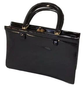 Vintage 1950s Crown Lewis Patent Leather Handbag Purse Black Handles - Picture 1 of 12
