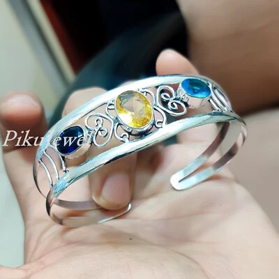 Bracciale in argento sterling 925 con topazio citrino e ametista, pietra prez... - Immagine 1 di 4