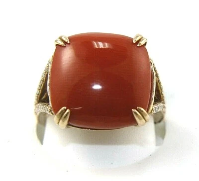 Anillo solitario puente dividido con halo de diamantes y coral cojín oro amarillo de 14 k 7,53 quilates Foto 1 de 4