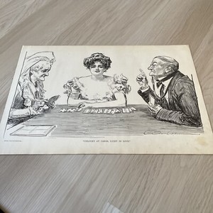 Gibson Girls Antique Victorian Print UNLUCKY AT CARDS LUCKY LOVE Sketch Wall Art