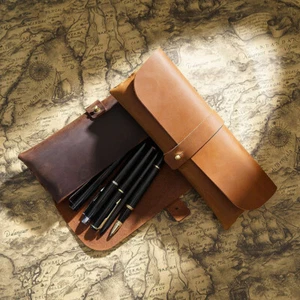 Genuine Leather Luxury Pencil Bag Pen Cases Stationery Holder Storage Pouch Gift - Picture 1 of 22