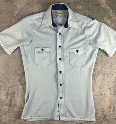 Vintage 70sARROW DOUBLER Shirt Men's Blue DISCO COLLAR Button Up Size S (14.5) - Image 1 of 4