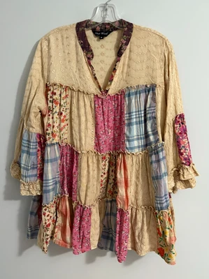 Túnica Campesina Young Threads Floral a Cuadros Retazos Talla M Boho Cottagecore Foto 1 de 4