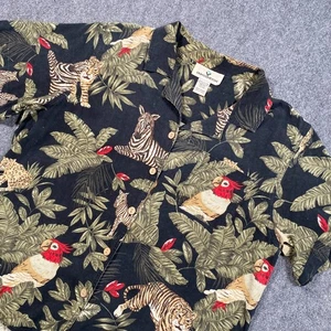 VTG Hawaiian Button Up Shirt Top Woman Sz L Silk Linen Zebra Tiger Bird Floral - Picture 1 of 6