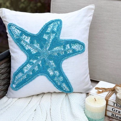 Square Sofa Pillow Cover White 16"x16", Home Decor Cotton - Starfish Island - Image 1 of 4