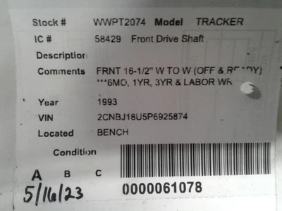 Eixo de transmissão dianteiro 2 portas compatível com 89-98 TRACKER 1709857 - Imagem 1 de 4