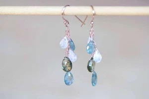 Piedra lunar y aguamarina briolettes piedras preciosas 925 pendientes de plata de ley joyería - Imagen 1 de 12