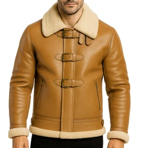 Men’s Shearling Bomber Jacket Real Sheepskin Leather Aviator Flying Pilot Coat - Picture 1 of 7