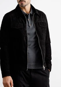 Leather Trucker Jacket for Men Black Pure Real Soft Suede Leather Coat - Picture 1 of 4