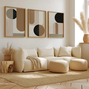 Neutral Beige Black Wall Art Set of 3 Posters Abstract Shape Poster Prints - Afbeelding 1 van 5