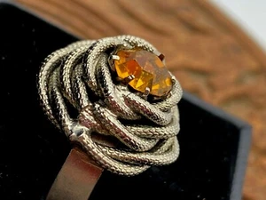 Vintage Wire Silver Metal Yellow Stone Sizable Ring Boxed Size P - Picture 1 of 9