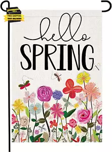 Hello Spring Garden Flag 12X18 Inch Burlap Double Sided Colorful Flowers Floral - Picture 1 of 6