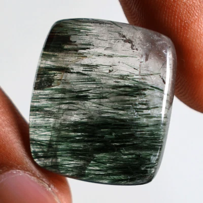 32.96 Cts Natural Actinolite Green Rutile Quartz 24MM Cushion Cabochon Gemstone - Image 1 of 4