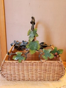 Wicker and Metal Basket Grapes Leaves Handle 16" x 16.5" x 7" - Picture 1 of 11
