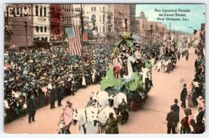 Desfile de carnaval Rex 1920 Canal Street New Orleans La Floats bandera estadounidense - Imagen 1 de 2