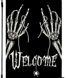 BANDERA DE JARDÍN DE LINO DE HALLOWEEN 12""X18"" ""BIENVENIDO"" ESQUELETO MANOS NUEVO - Imagen 1 de 1